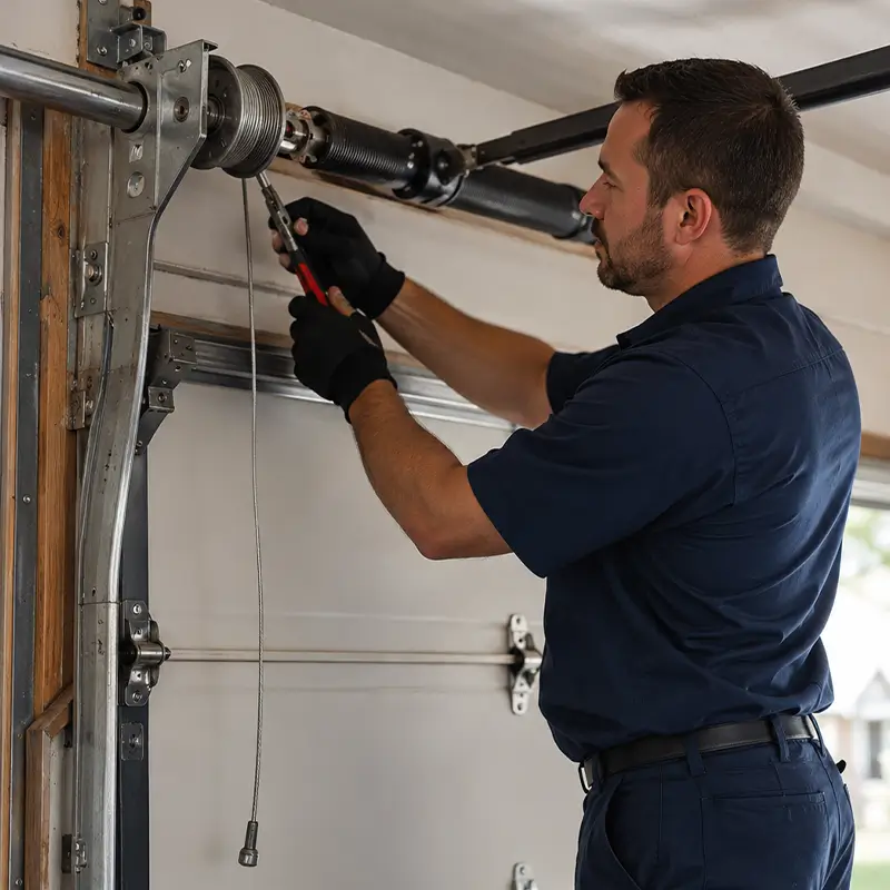 Technician inspecting cables and rollers during garage door maintenance in Tomball Texas