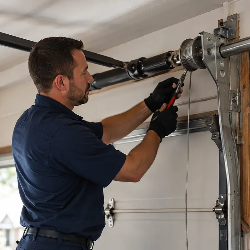 Technician inspecting cable drums during garage door cable repair in Tomball Texas