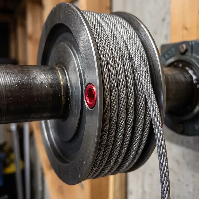 Technician servicing crooked garage door movement and cable alignment in Tomball Texas