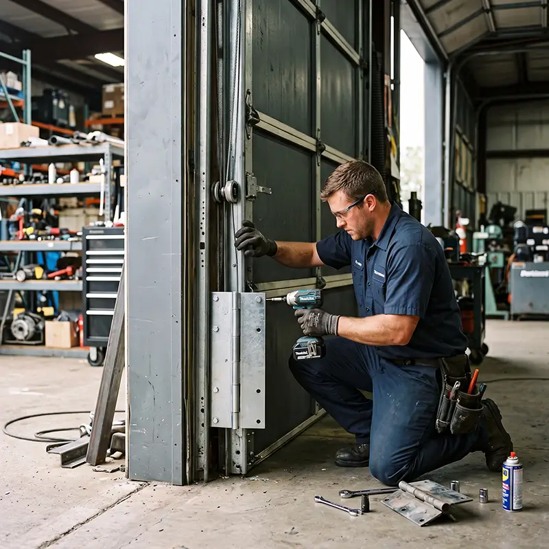 Professional technician performing commercial garage door service in Tomball Texas