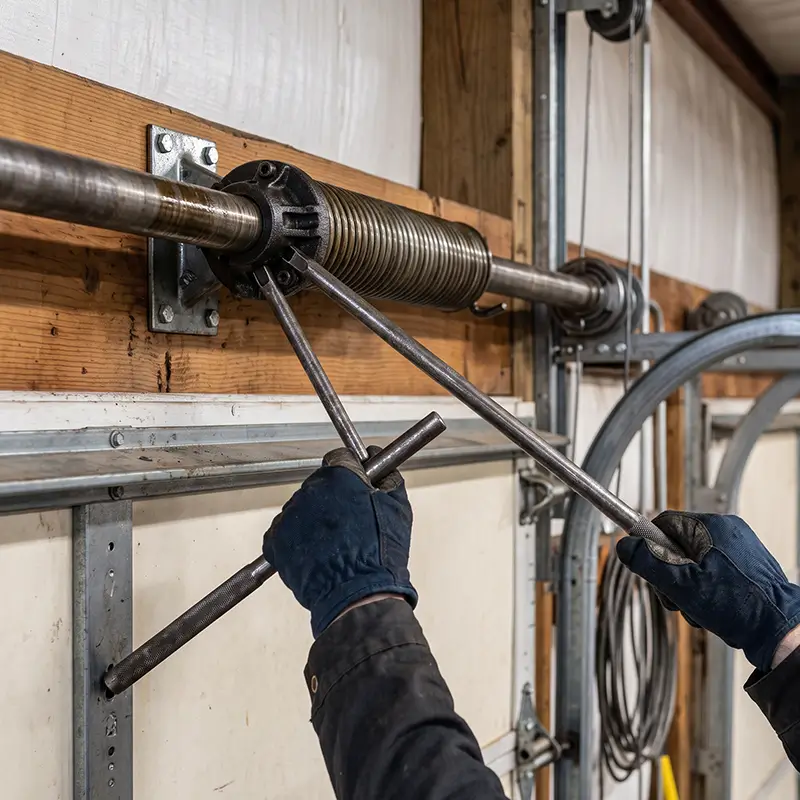 Technician inspecting garage door spring sizing and tension in Tomball Texas