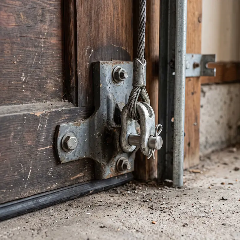 Professional technician performing garage door cable repair in Tomball Texas