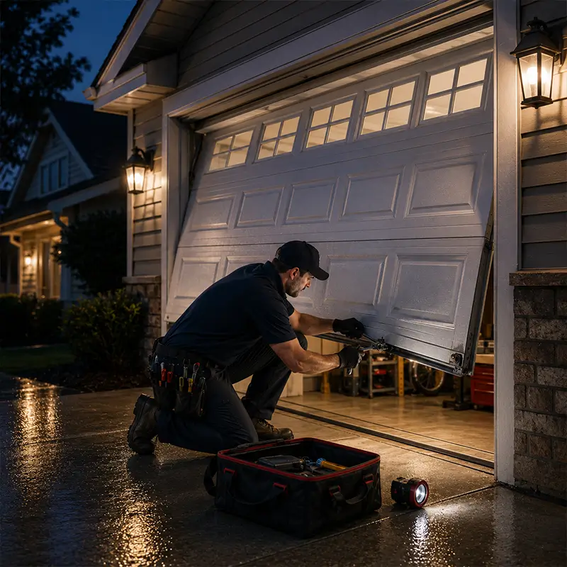 Professional technician performing emergency garage door repair in Tomball Texas