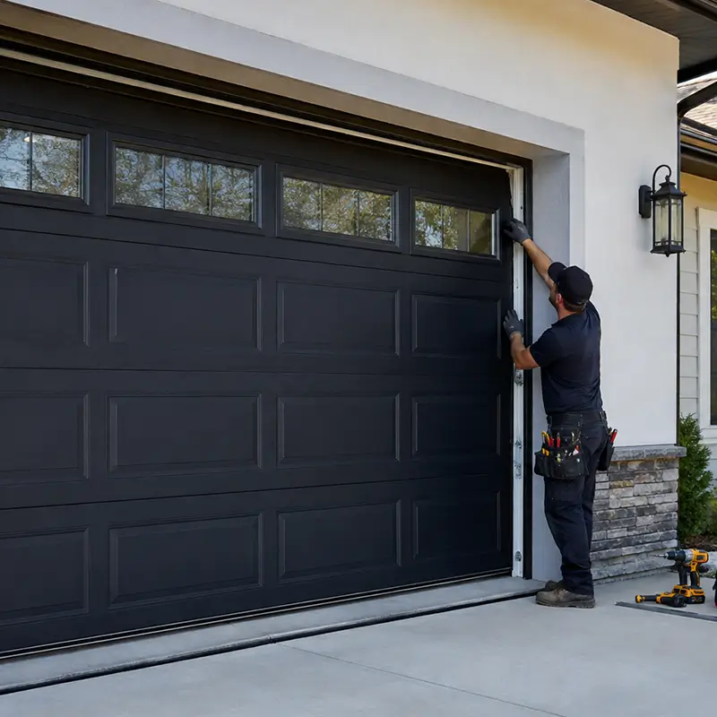 Panel replacement and door alignment inspection during garage door panel repair in Tomball Texas