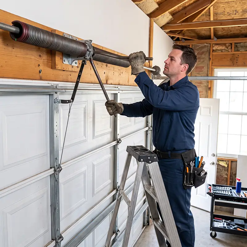 Technician inspecting noisy and rough garage door movement in Tomball Texas