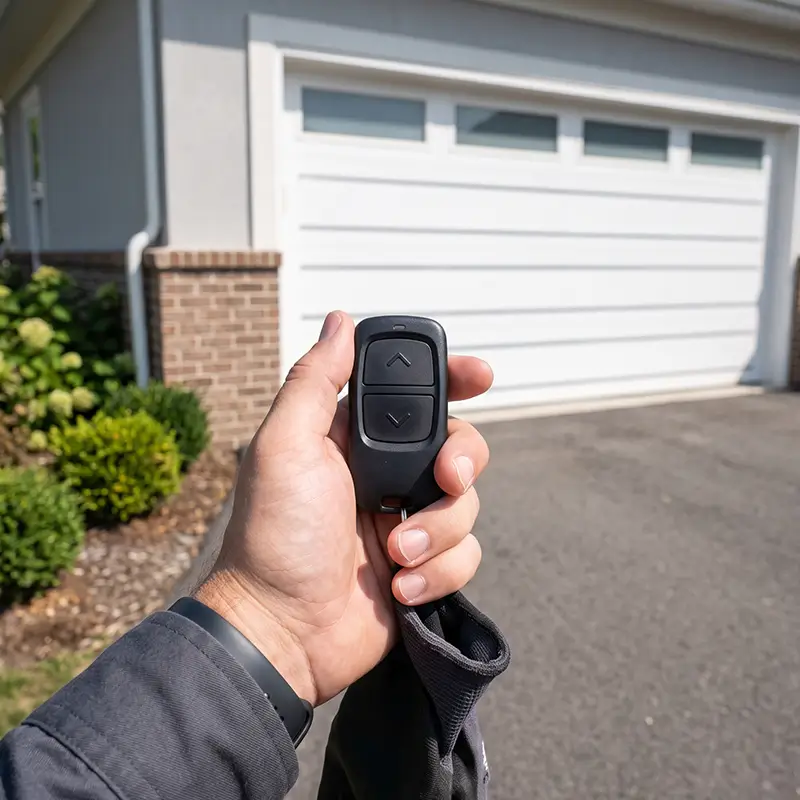 Garage Door Tomball TX technician inspecting garage door opener and safety sensors in Tomball Texas