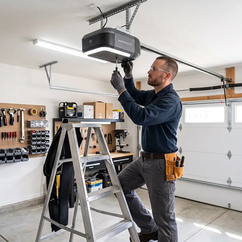 Technician measuring garage door opening and clearance in Tomball Texas