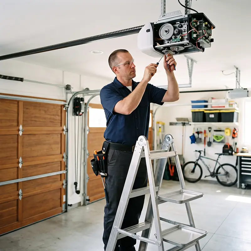 Garage Door Tomball TX technician inspecting garage door system in Tomball Texas