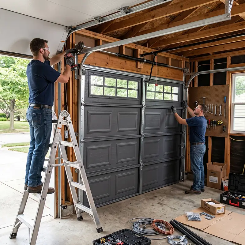 Technician inspecting panels and track alignment during garage door panel repair in Tomball Texas