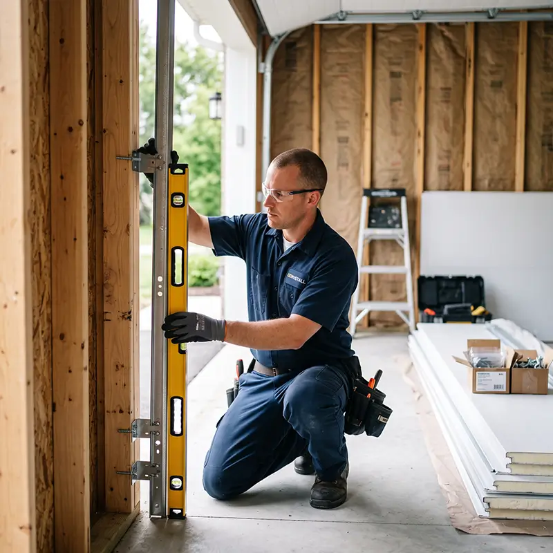 Technician inspecting garage door panels, tracks, springs, and hardware in Tomball Texas