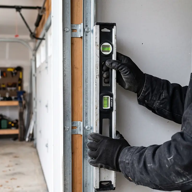 Technician inspecting tracks and brackets during garage door parts service in Tomball Texas