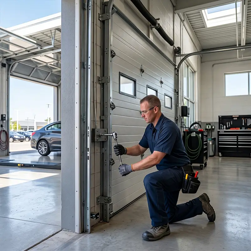 Technician servicing commercial heavy-duty spring and cable systems in Tomball Texas