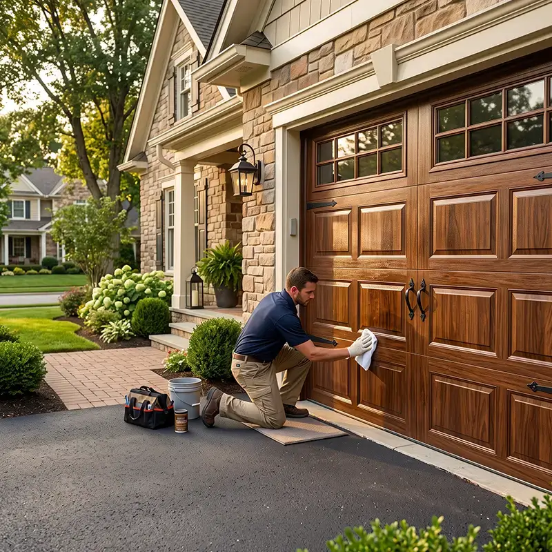 Professional technician performing garage door installation in Tomball Texas