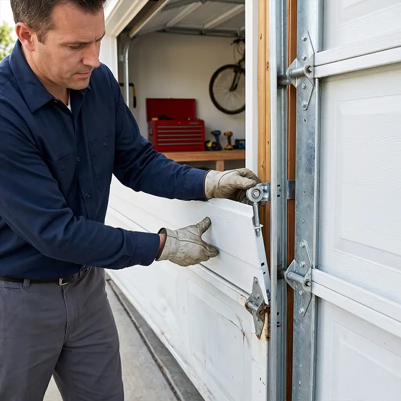 Roller replacement and door hinges inspection during garage door roller repair in Tomball Texas