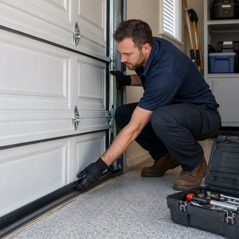 Weather seals and parts compatibility check during garage door parts service in Tomball Texas